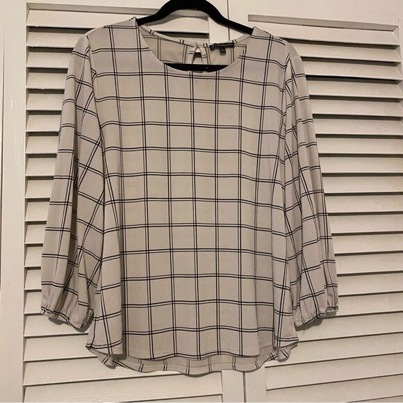 Adrianna Papell size L Grid Neutral Monochromatic Business Casual Flowy Blouse - Picture 1 of 8